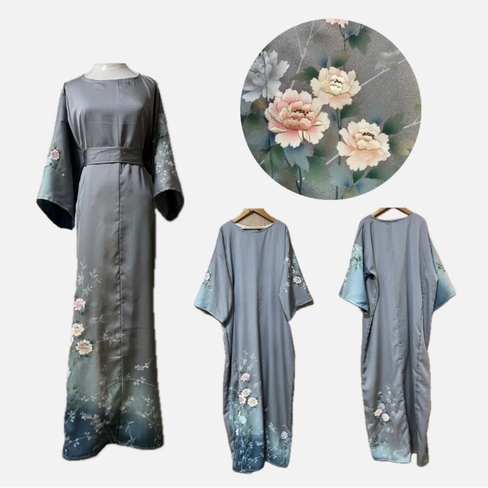Japanese Kimono Upcycle Maxi Dress Gray